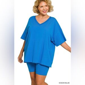 Zenana Ocean Blue Plus Cotton V-neck Top & Biker Shorts Set